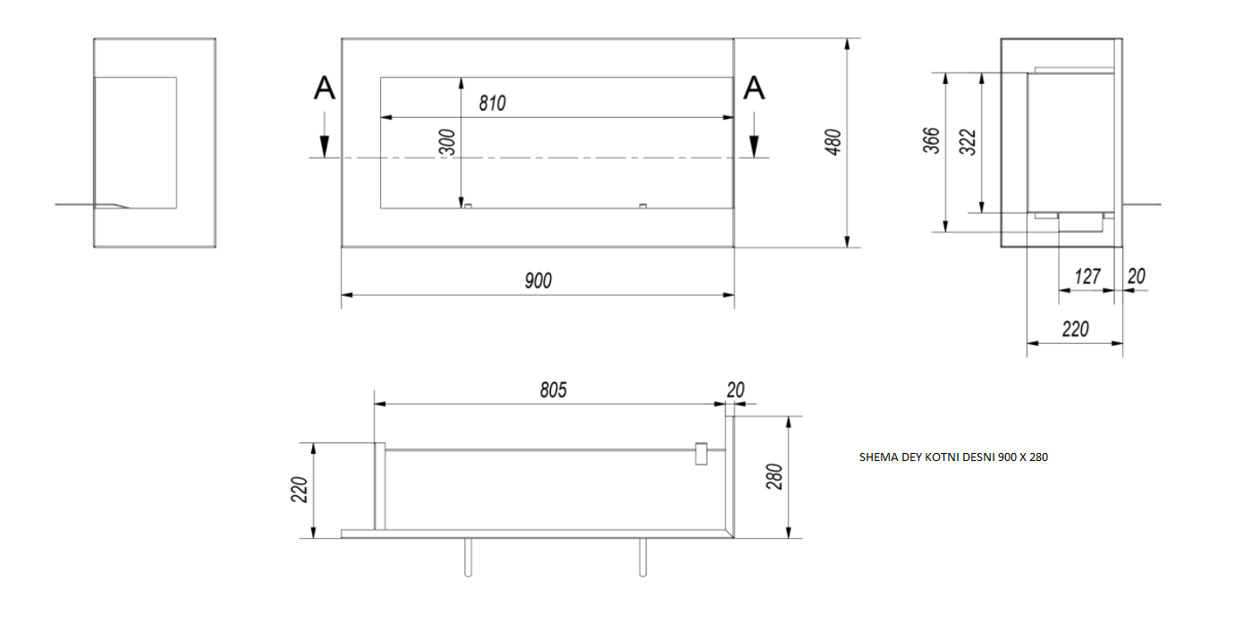 Eko kamin Dey kutni 900 x 280 - Zidni kamin, crni