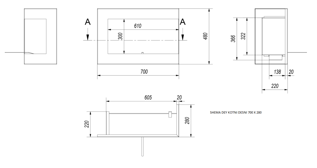 Ekokamin Dey kotni 700 x 280 - Stenski kamin, črn