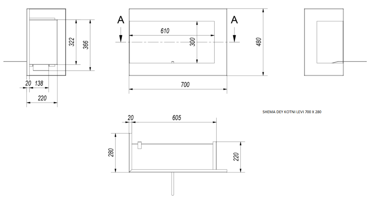 Ekokamin Dey kotni 700 x 280 - Stenski kamin, črn